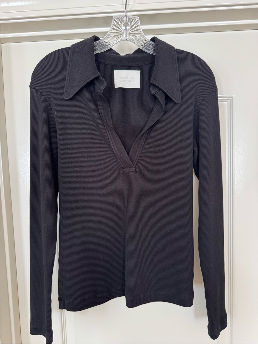 Citizens Of Humanity Black Ribbed Long-Sleeve Alba Polo Top Size M